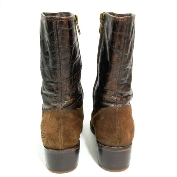 UGG Lou Croco moto brown leather crocodile textured boots 6.5 - Picture 4 of 7